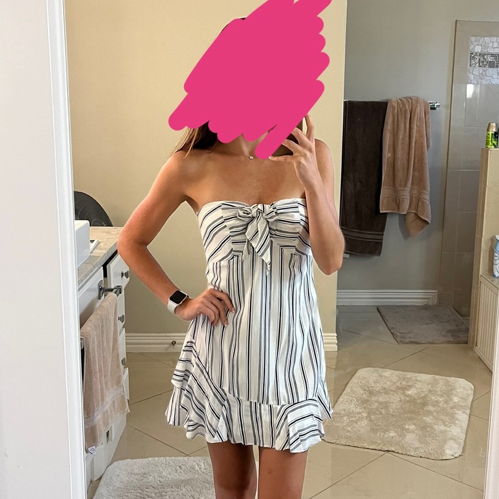 Strapless Mini Dress, bow tie in front, ruffled ends, black and white striped